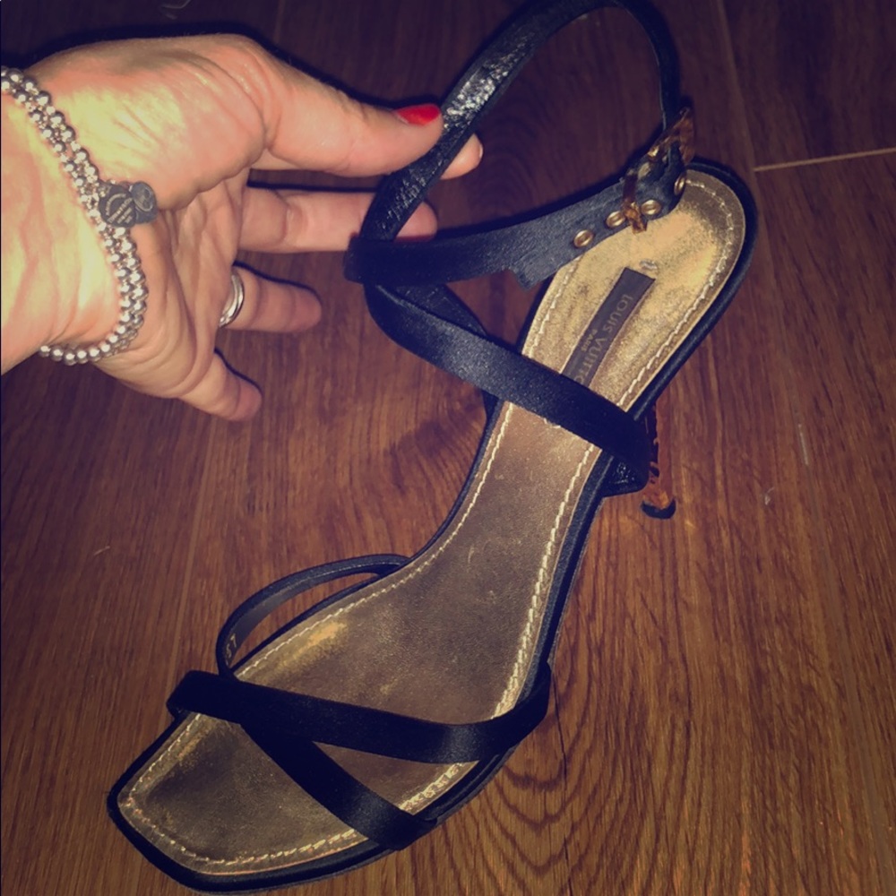 Louis Vuitton black and gold satin heels
